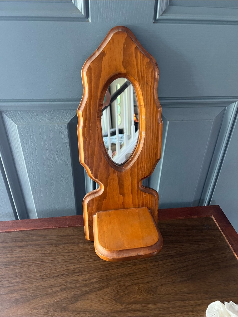 Vintage Cottage Core Wooden Wall Mirror with Small Shelf